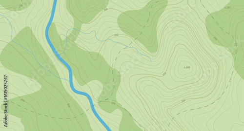 Realistic topographic map with brown contour lines, elevation marks, and natural green terrain features with river. Ideal for geographic, educational, or design projects. 16:9 
