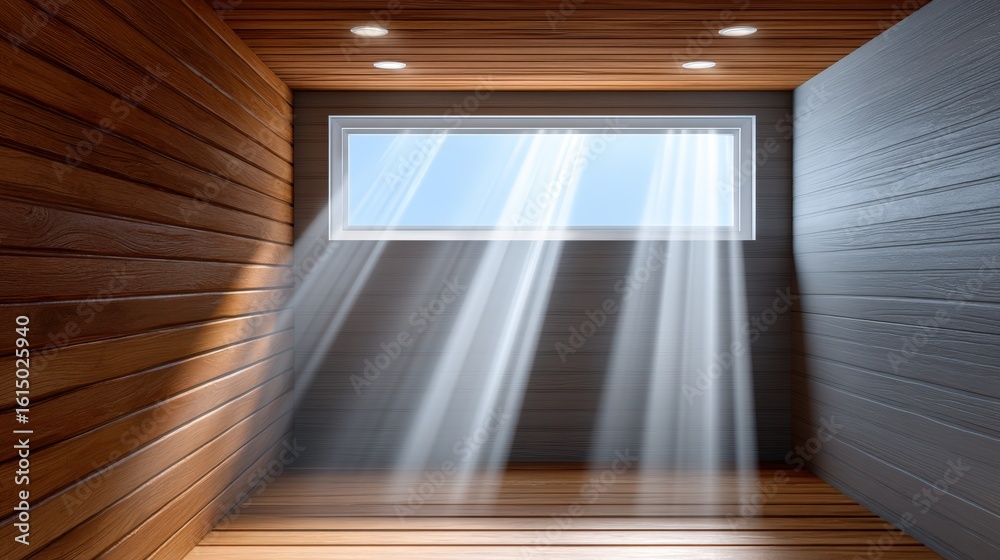 Obraz premium Sunlight filtering through sauna steam, casting ethereal rays inside a wooden cabin.