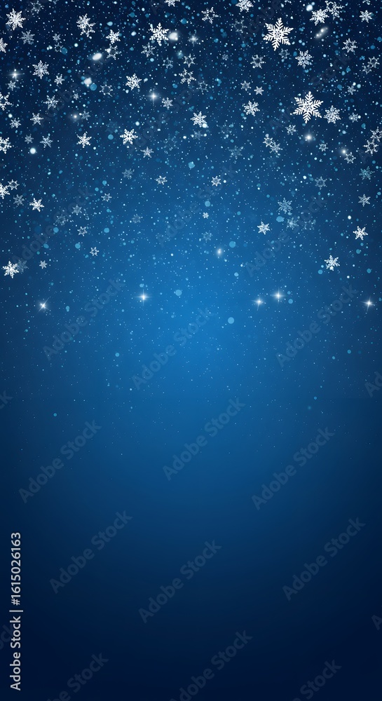 Fototapeta premium A winter-themed background with a deep blue gradient, featuring a scattering of white snowflakes and small sparkles at the top, digital art, Blue winter background with snow and snowflackes.