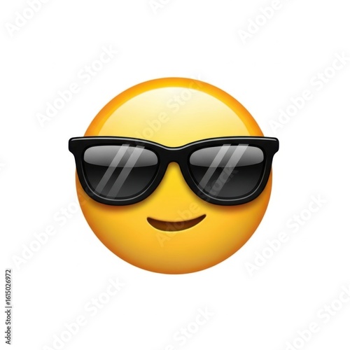 Smiling yellow face emoji wearing black sunglasses on a white background