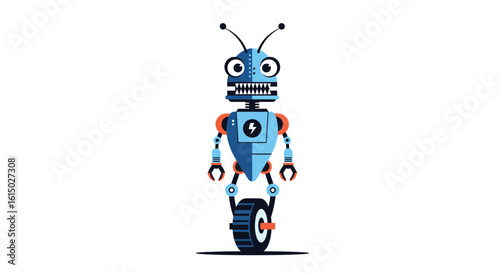A cute blue robot character riding a unicycle with big eyes and antennas