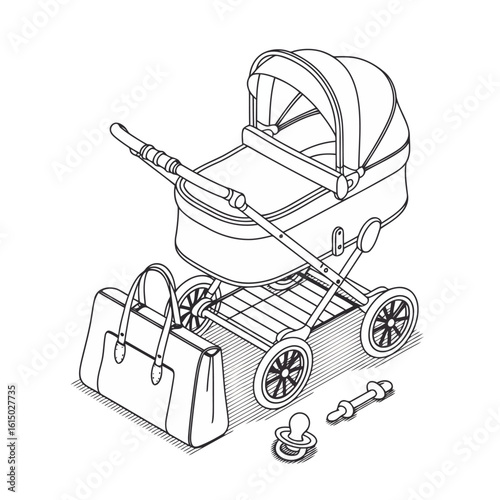 Vector art of vector illustration of a baby pram, complete with a diaper bag, pacifier and a baby dummy