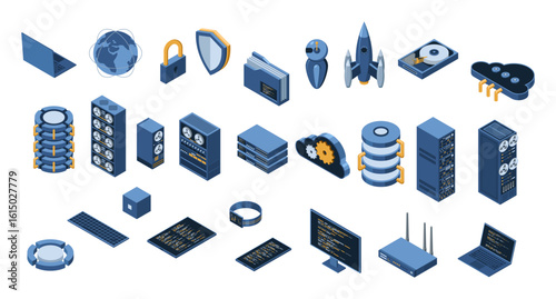 Set of isometric computer technology. Isometric set server equipment. Cloud network and database platform. Isometric technology