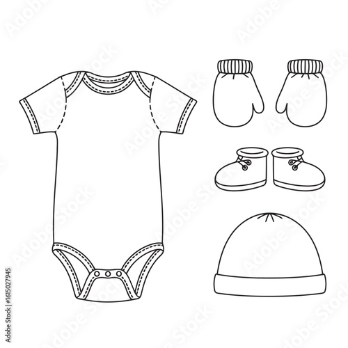 Vector art of vector illustration of baby bodysuit mittens booties and hat for newborn infant apparel