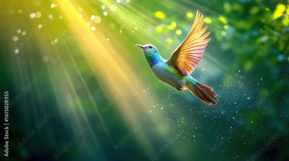 Fototapeta premium Vibrant hummingbird in flight, bathed in sunlight