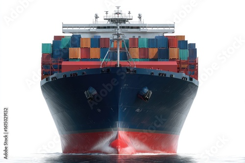 Large container ship at sea, front view