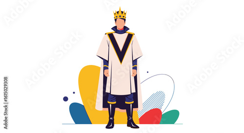 Majestic ruler standing tall in ornate royal attire amidst vibrant abstract decorations and artistic flourishes