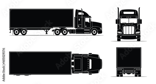 Semi Truck Illustration: Side, Front, Top, and Back Views for Transportation Projects