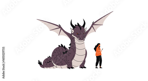 Majestic dragon and curious human companion explore a mystical realm together discovering ancient wonders