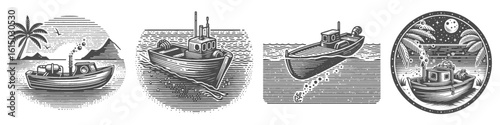 Vintage Hand-Drawn Diving Boat Collection Illustration, Ocean Vessel Engraved Style Vector for T-Shirts and Marine Expedition Themes Design