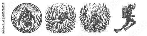Vintage Hand-Drawn Diving with Seaweed Collection Illustration, Ocean Plant Engraved Style Vector for T-Shirts and Underwater Nature Themes Design