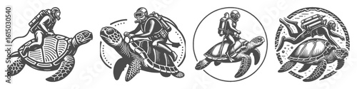 Vintage Hand-Drawn Diving with Turtle Collection Illustration, Ocean Wildlife Engraved Style Vector for T-Shirts and Marine Adventure Themes Design