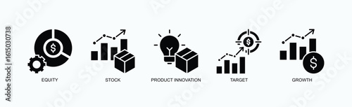 A Visionary Icon Set Isolated Vector With Icon Of Equity, Stock, Product Innovation, Target, Growth In Glyph Style