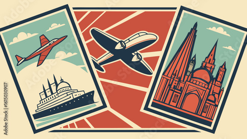 Retro travel posters featuring a red airplane, a cruise ship, a passenger plane and an ornate building art