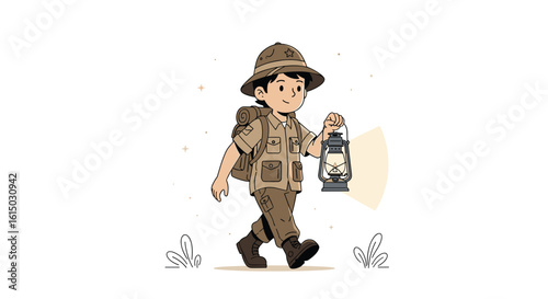An adventurous young explorer carries a lantern through dusty terrain on a grand expedition journey