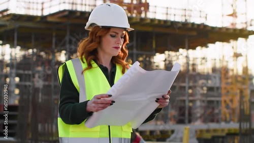 Focused Female Engineer or Architect in Hard Hat Reviewing Blueprints at a Dynamic Construction Site