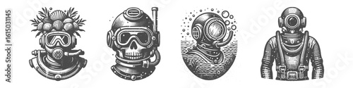 Vintage Hand-Drawn Diving Helmet Shell Collection Illustration, Nautical Relic Engraved Style Vector for T-Shirts and Ocean Discovery Themes Design