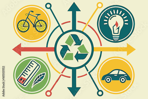 Illustration showing recycling symbol with bicycle car lightbulb and ruler icons surrounding it nicely