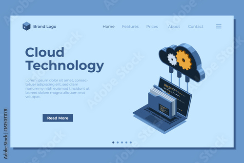 Isometric cloud storage concept landing page with laptop. Cloud technology with folder and laptop. Isometric computer file transfer. Isometric technology
