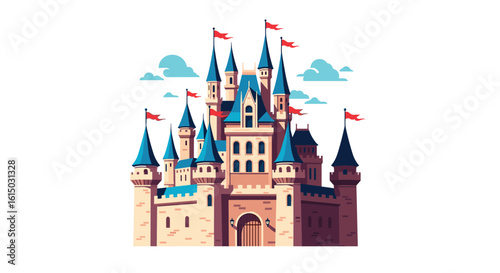 A majestic medieval castle with towering spires and flags flying proudly against a cloudy sky