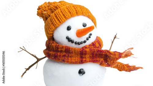 • A cute snowman with a carrot nose and scarf for winter, isolated on white background in HD 