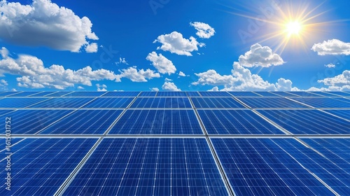 A large scale solar power installation with rows of photovoltaic panels capturing the sun s energy and converting it into clean renewable electricity against a backdrop of a bright cloudless sky