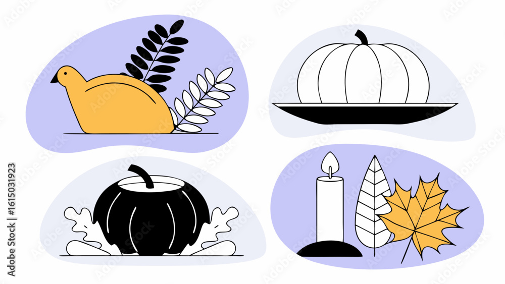 Fototapeta premium A vibrant autumn illustration featuring a turkey, pumpkin, candle, and colorful leaves, embodying the cozy spirit of the season.