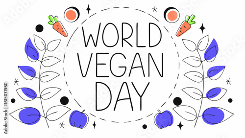 Colorful illustration celebrating World Vegan Day with carrots and pumpkins.