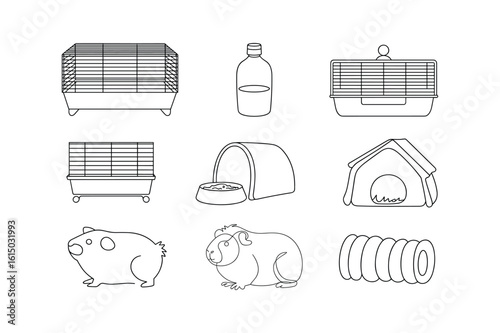 Line art of pet cages water bottle shelter food bowl guinea pigs and tunnel hamster cage