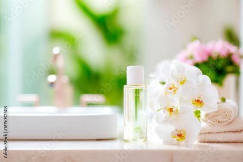 Makeup remover bottle and white orchids on clean sink