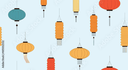 A festive pattern of hanging chinese paper lanterns in various shapes and colors against a soft blue background