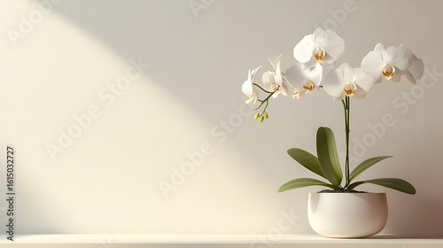 Flowers in minimalist style with copy space. Elegant white orchids in a minimalist pot, beautifully lit by natural sunlight.