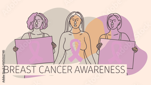 Three women of diverse ethnicities stand together, advocating for breast cancer awareness with signs and solidarity.