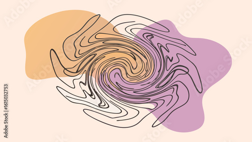 Abstract swirling design with flowing outlines in warm hues of purple and orange against a soft beige background.