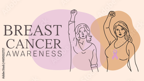 Two diverse women raise their fists in solidarity for Breast Cancer Awareness, showcasing empowerment and support.