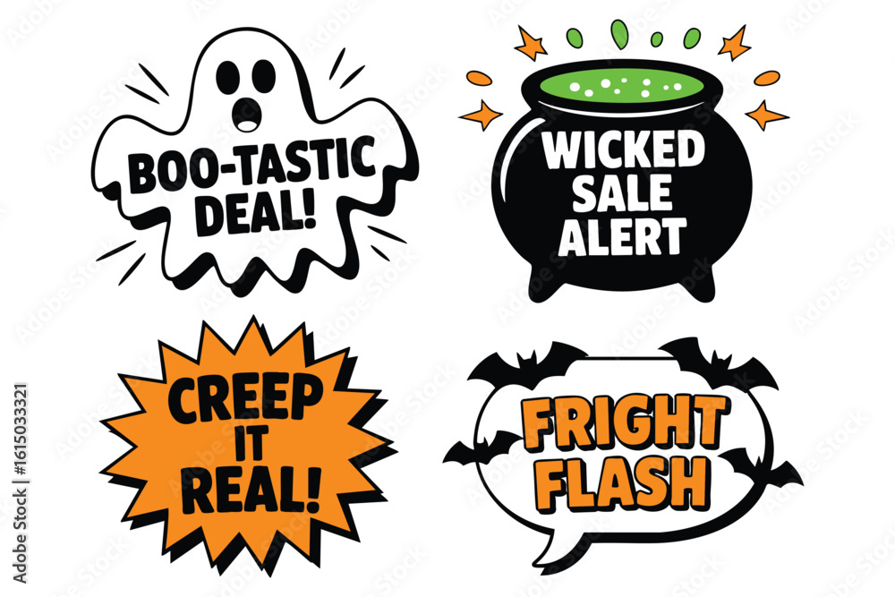 Obraz premium Halloween-themed graphic design elements: ghost, cauldron, speech bubbles with text