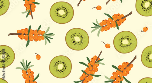 Bright pattern of juicy kiwi slices and vibrant orange sea buckthorn berries on a soft yellow background