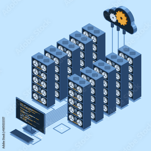 Isometric monitoring big data storage. Data transmission technology. Online hosting technology concept. Isometric technology