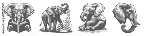 Vintage Hand-Drawn Elephant Reading Book Collection Illustration, Whimsical Animal Scene Engraved Style Vector for T-Shirts and Educational Themes Design