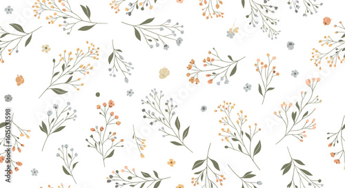 Delicate botanical arrangement of wildflowers and greenery on white background