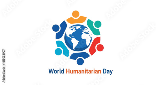 Illustration for World Humanitarian Day featuring a globe surrounded by diverse figures holding hands in unity and support.
