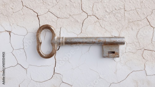 Real estate foreclosure crisis, Old rusty key resting on a cracked surface, symbolizing mystery and history.