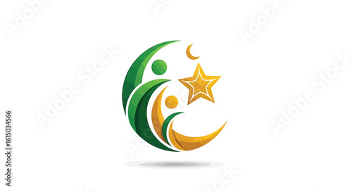 Abstract logo design featuring stylized figures, crescent moon, star, and flowing green shapes, symbolizing family and hope.
