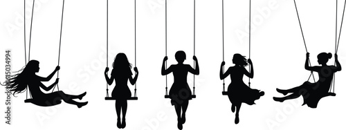 Silhouette of five girls swinging in motion, outdoor playground activity, carefree childhood fun, sunset shadow play, joyful summer evening