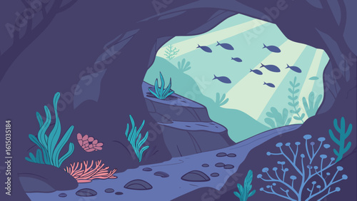 Illustration of an underwater cave with seaweed coral and fish swimming in the ocean with sun rays beaming in