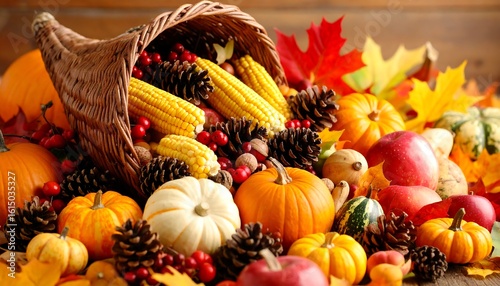Overflowing cornucopia of autumn produce, including pumpkins, apples, corn, and berries