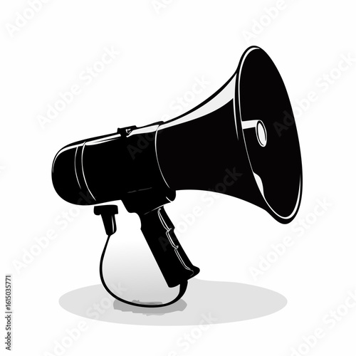 A black silhouette of a megaphone symbolizing public announcement, in bold vector style
