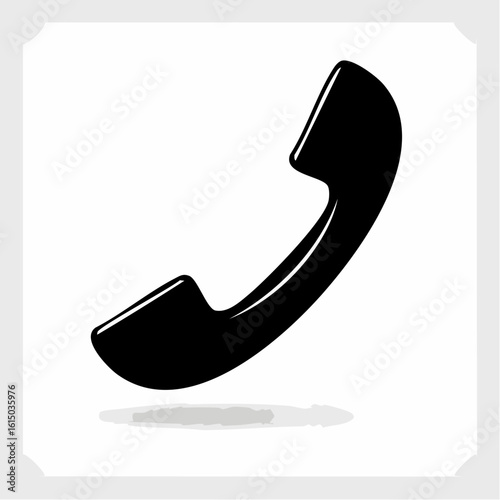 A black silhouette of a classic telephone handset tilted slightly, minimal flat icon style