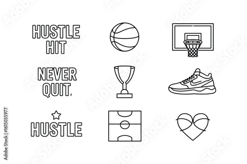 Motivational sports icons with inspirational text basketball trophy