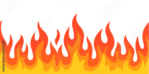 A fire with orange flames is shown as seamless border isolated on transparent background. The fire is very large and has a lot of flames
